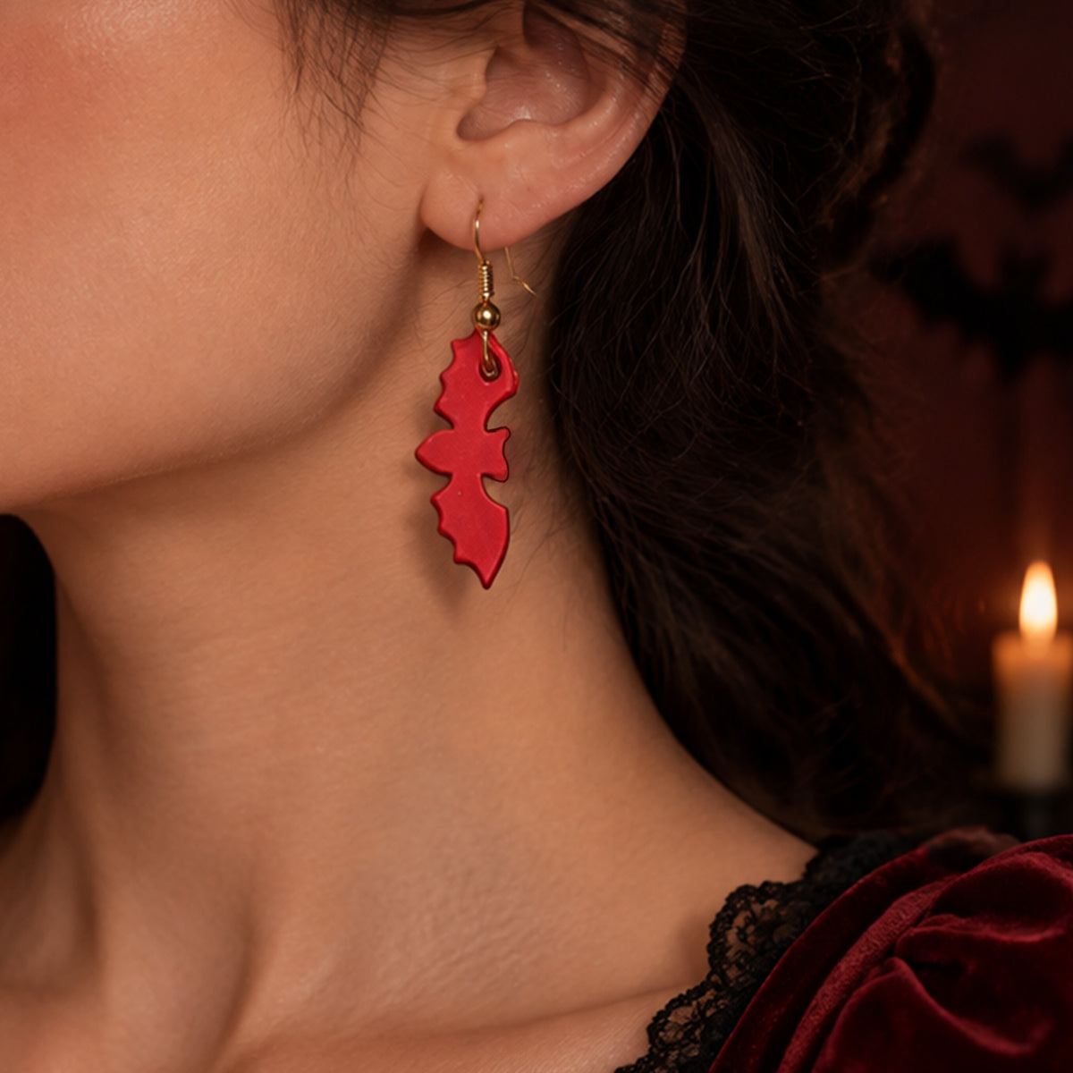 Halloween Wine Red Bat Creative Earrings