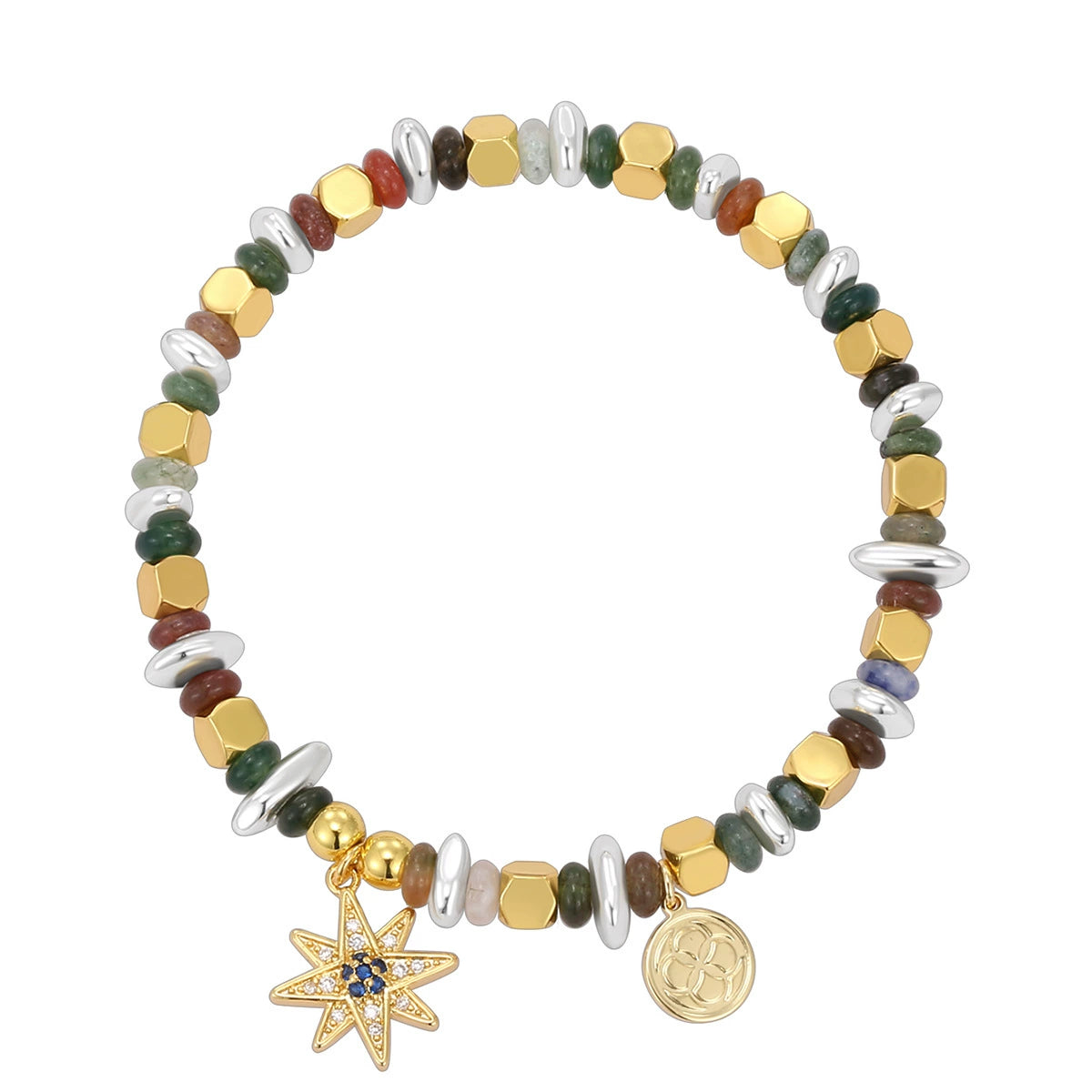 Bohemian retro multi shaped stone bead bracelet with hexagonal star pendant