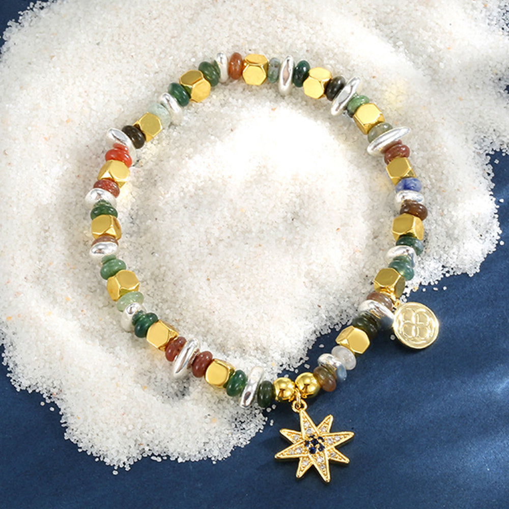 Bohemian retro multi shaped stone bead bracelet with hexagonal star pendant