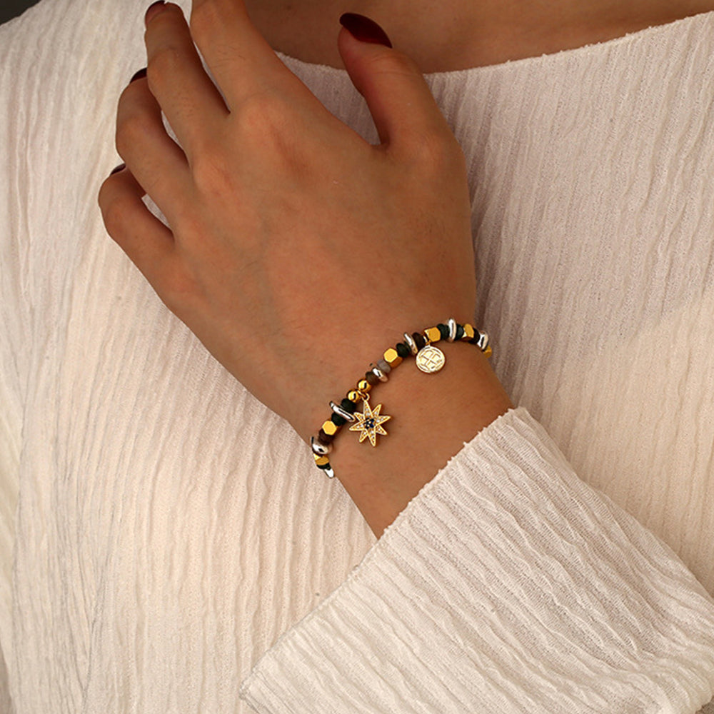 Bohemian retro multi shaped stone bead bracelet with hexagonal star pendant