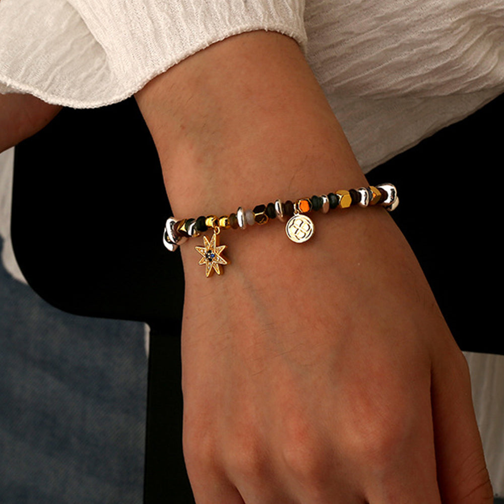 Bohemian retro multi shaped stone bead bracelet with hexagonal star pendant
