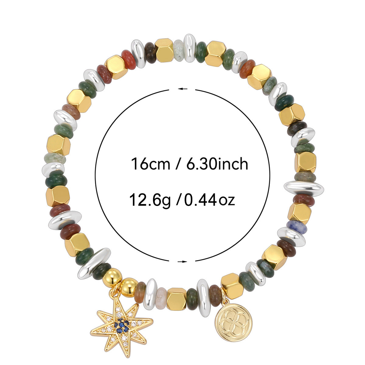 Bohemian retro multi shaped stone bead bracelet with hexagonal star pendant